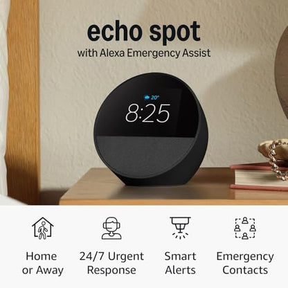 Amazon Echo Spot (newest model), Great for nightstands, offices and kitchens, Smart alarm clock, Designed for Alexa+, Black